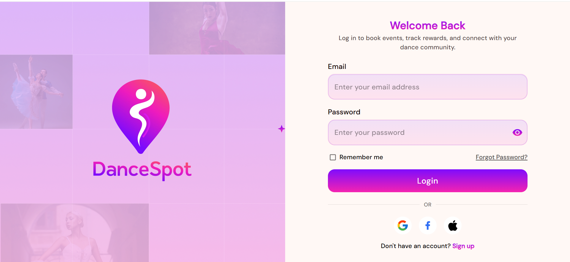 DanceSpot web app mockup